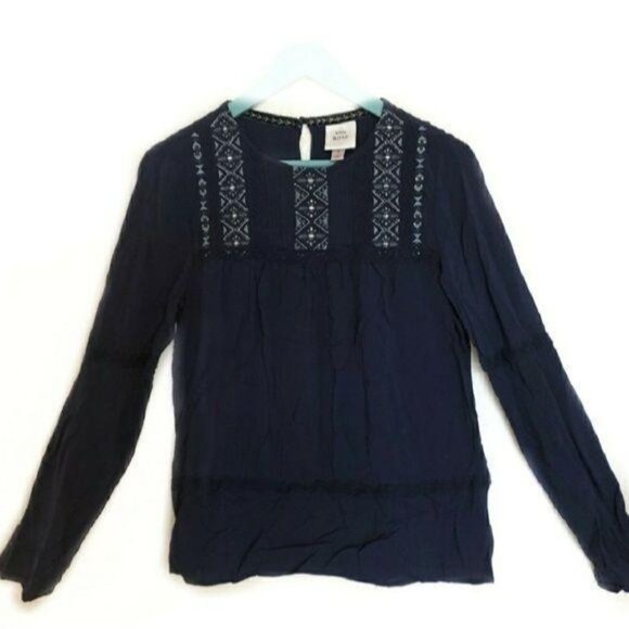 Knox Rose Navy Blue Embroidered Long Sleeve Blouse Size S boho fall winter - Picture 2 of 7